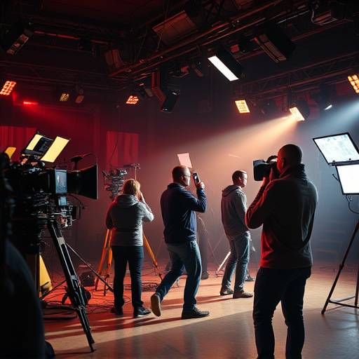 Scène de tournage animée avec l'équipe en action